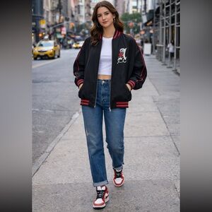Adaptation Women's Black Bomber Jacket with Red Trim